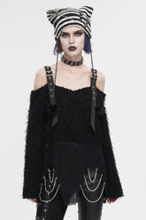 Pull Punk Femme Noir Irrégulier à Épaule Dénudée et Duveteux